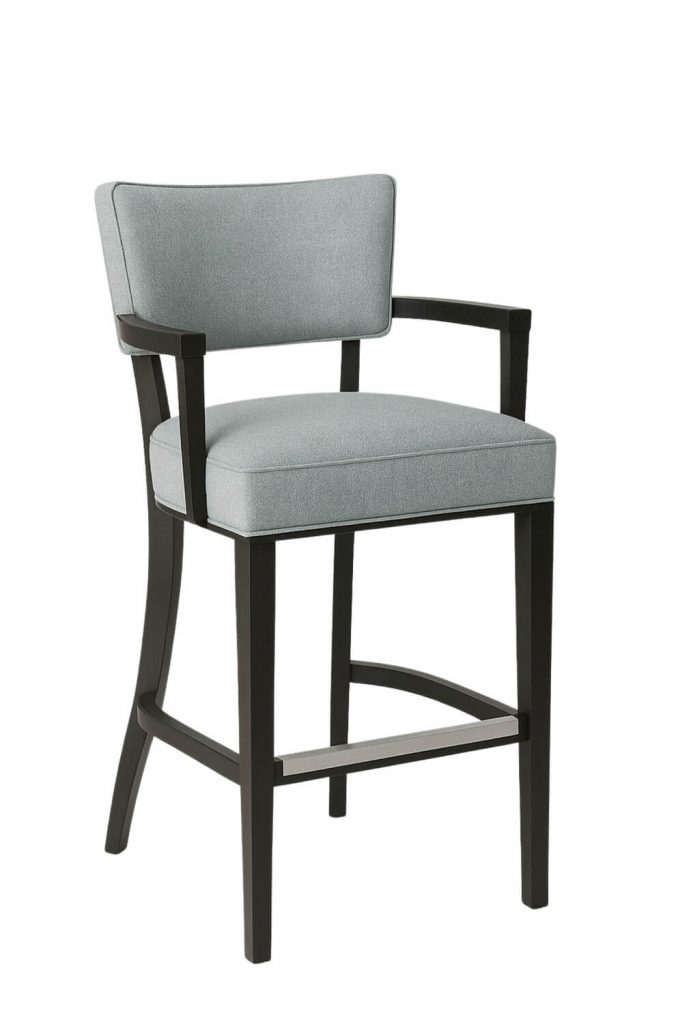 Style Upholstering's #15 Timeless Black Wood Bar Stool with Blue Fabric with Arms