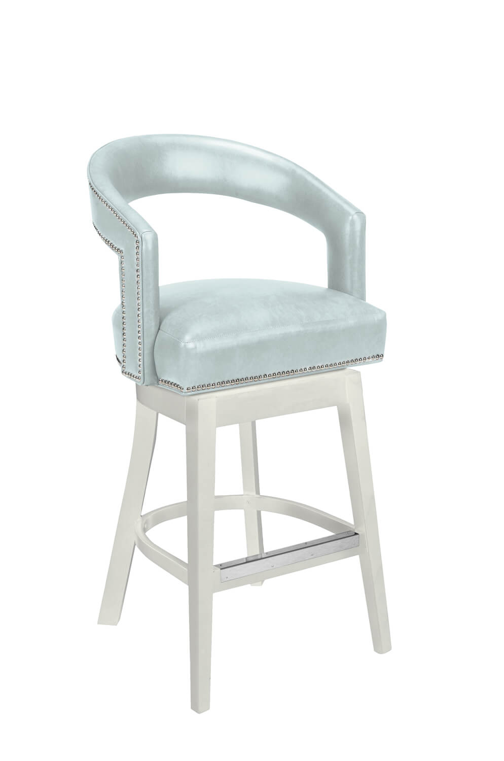 Style Upholstering's #17 White Wood Bar Stool with Blue Leather and Silver Nailheads