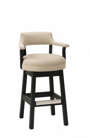 Style Upholstering's 1704 Black Wood Swivel Bar Stool with Arms and Tan Fabric