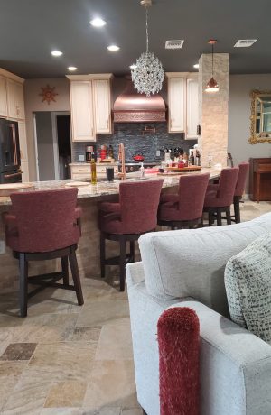 Style Upholstering's 180 Swivel Counter Stools in Chestnut Wood and Red Fabric in Customer's Kitchen