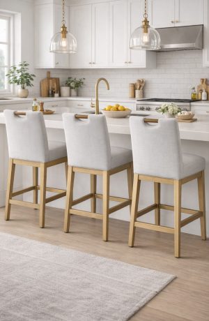 Style Upholstering's 6644-SSB Natural Wood Bar Stools in Modern White Kitchen