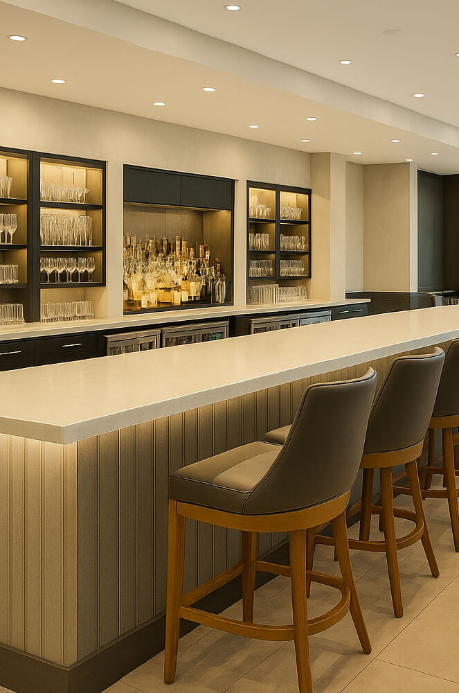 Style Upholstering 671-2 Wood Bar Stools in Modern Restaurant Bar