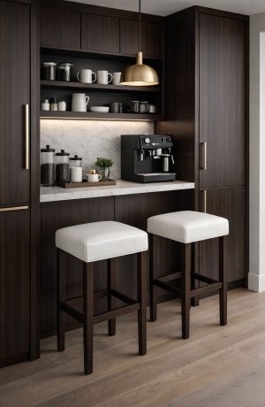 Style Upholstering's 696B Modern Espresso Wood Backless Bar Stools in Home Coffee Bar