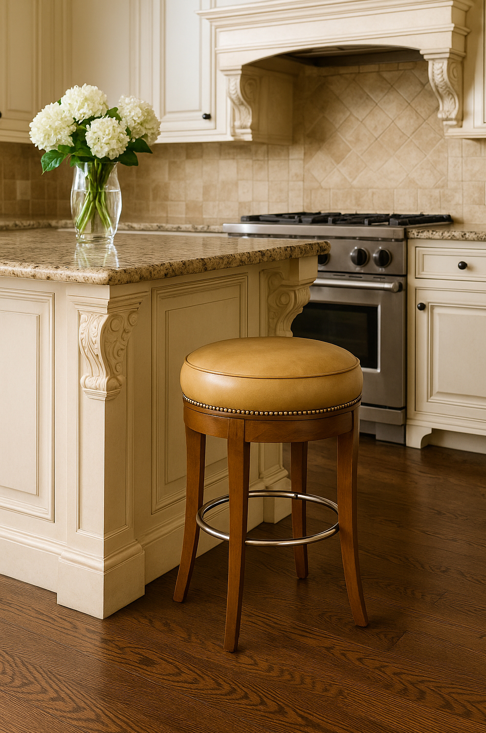 Style Upholstering's #710 Round Backless Swivel Bar Stool in Leather in Classic Traditional Kitchen