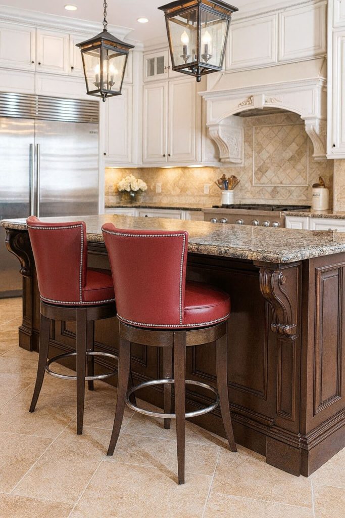Style Upholstering's 720 Swivel Wood Bar Stool in Red Leather in Classic Kitchen