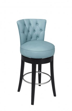 Style Upholstering's 721 Blue Leather Swivel Bar Stool in Black Wood - Tufting on Back