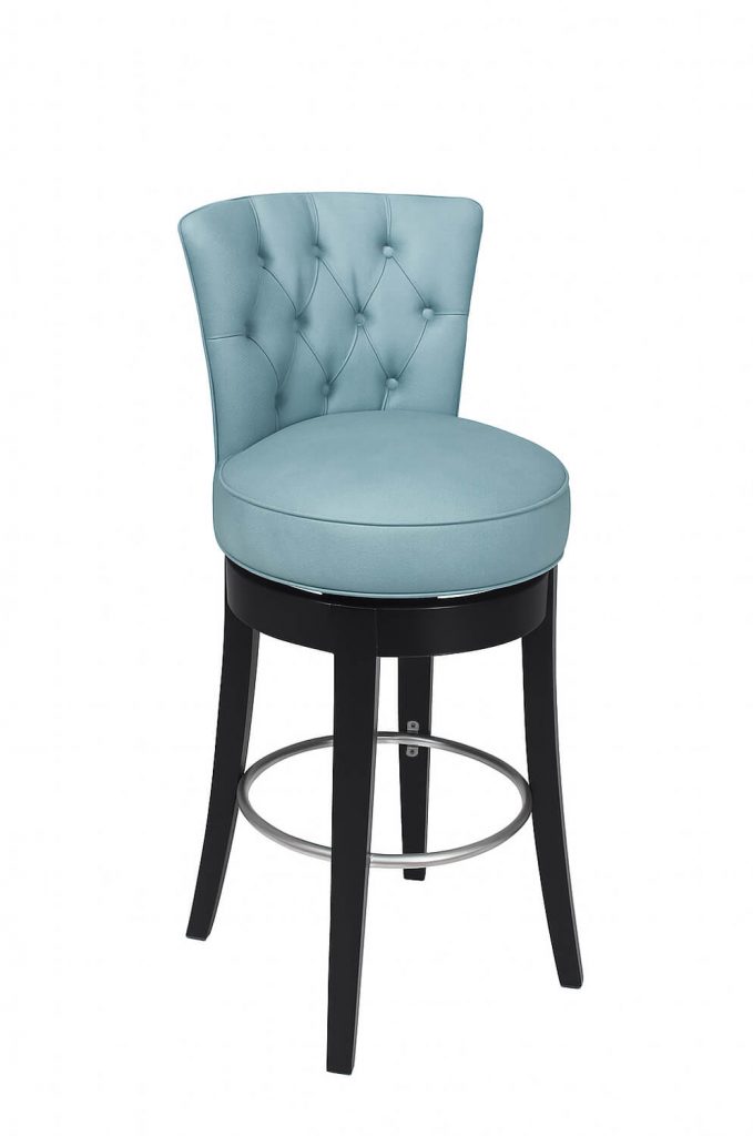 Style Upholstering's 721 Blue Leather Swivel Bar Stool in Black Wood - Tufting on Back