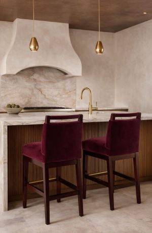 Style Upholstering's Luxury Wood Bar Stools in Burgundy Red in Modern Kitchen