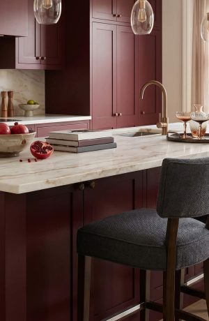 Style Upholstering's 15-BS Upholstered Bar Stools with Backs in a Burgundy Kitchen - Full Kitchen Photo