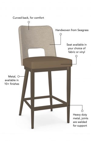 Featuring a curved back for comfort, handwoven back from seagrass, seat available in fabric or vinyl, heavy duty metal joints for support, with a metal finish available in over 10 finishes.