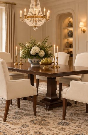 Six cream upholstered dining armchairs with high backs, curved arms, and dark wood legs arranged around a rectangular dining table in a traditional dining room.