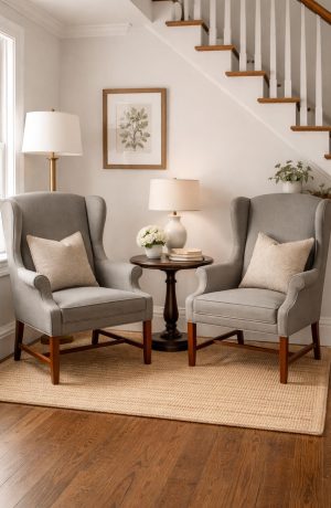 Style Upholstering's 2405 Gray Wingback Arm Chairs in Corner Nook by the Stairs