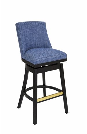 Style Upholstering's 671 Black Wood Swivel Bar Stool with Blue Seat and Back Cushion