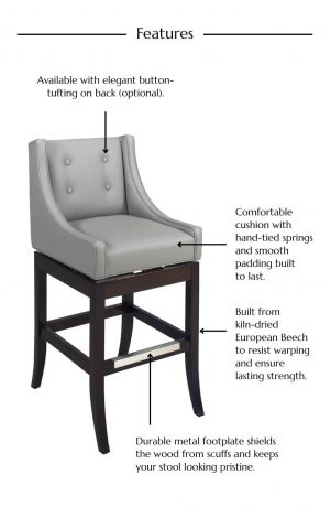 Features: Available with elegant button-tufting on back (optional). Comfortable cushion with hand-tied springs and smooth padding built to last. Built from kiln-dried European Beech to resist warping and ensure lasting strength. Durable metal footplate shields the wood from scuffs and keeps your stool looking pristine.