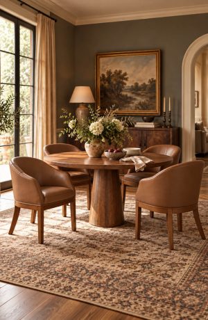 Brown Barrel Chairs with Arms in Warm Traditional Dining Room - 2111 - Style Upholstering