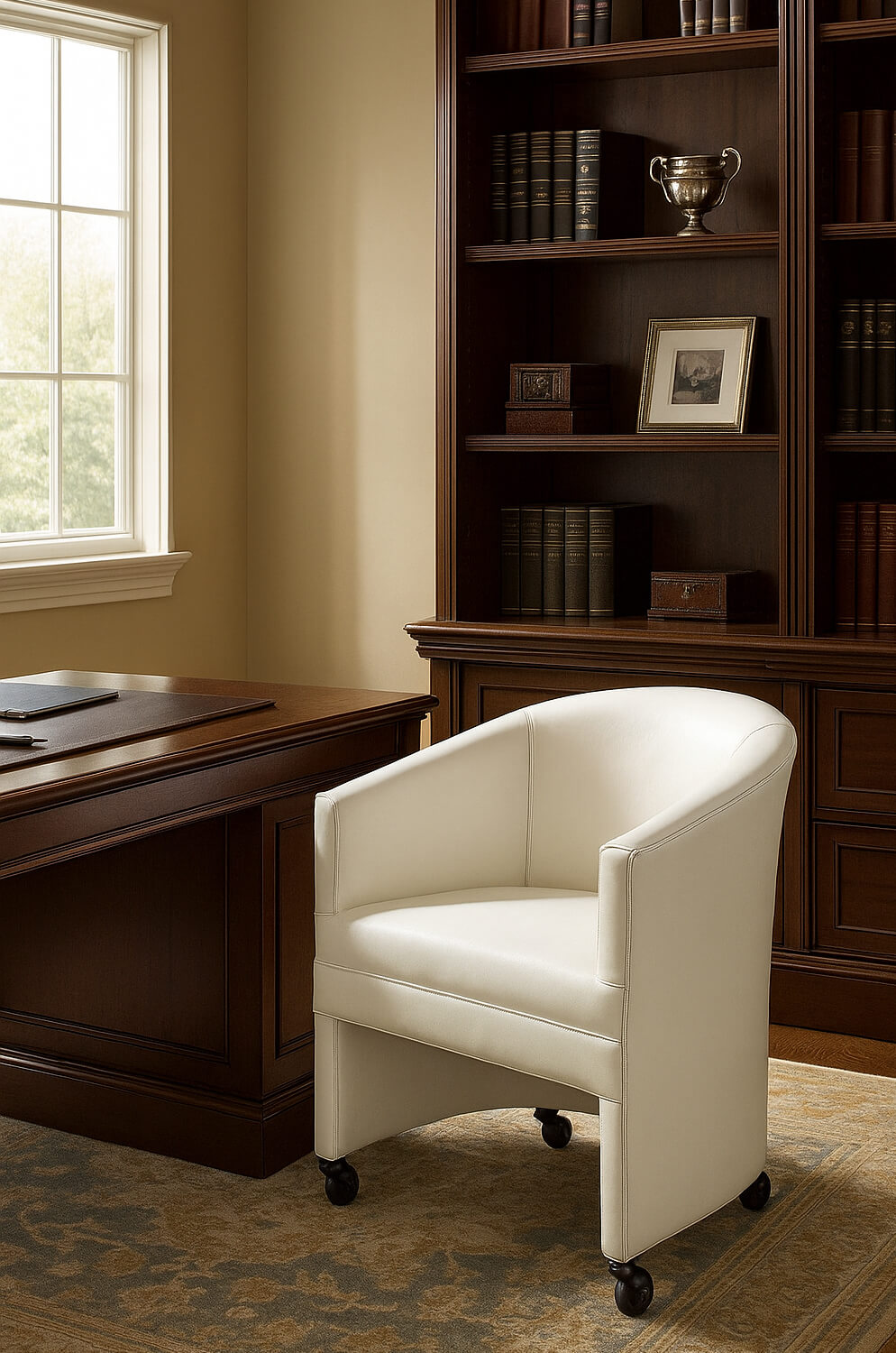 Style Upholstering's 232 Modern White Dining Chair with Casters in Luxury Home Office