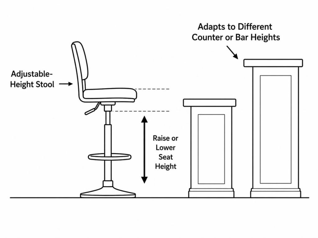 Adjustable-height stool showing a raise and lower seat mechanism for different counter and bar heights