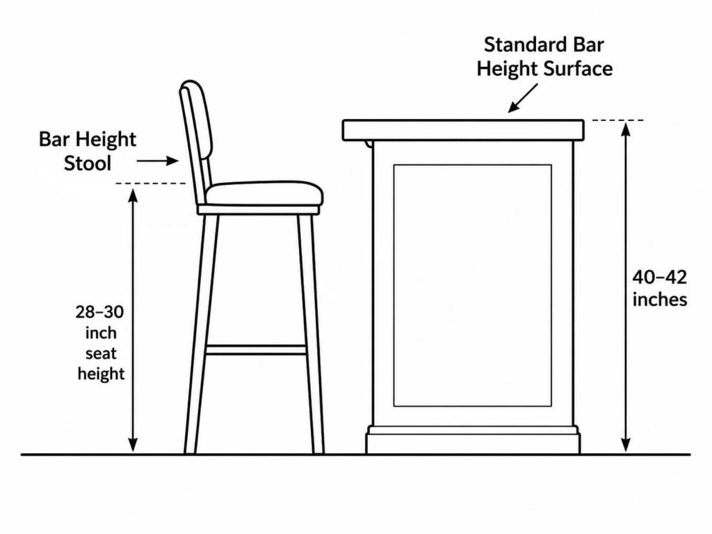 Bar height stool next to a 40 to 42 inch bar counter with a 28 to 30 inch seat height