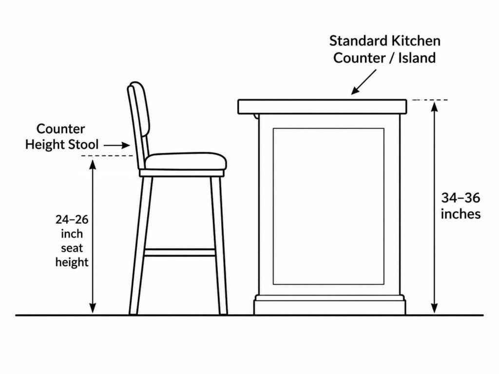 Line drawing showing a counter height stool next to a standard kitchen counter measuring 34 to 36 inches high.