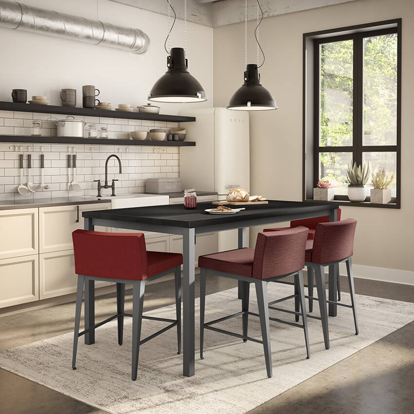 Wine red bar stools in kitchen