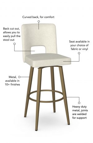 Featuring a curved back for comfort, seat and back available in your choice of fabric or vinyl, back cut out allows you to easily grab the bar stool and pull it out to sit, metal comes available in 10+ finishes, heavy duty joints welded for support.
