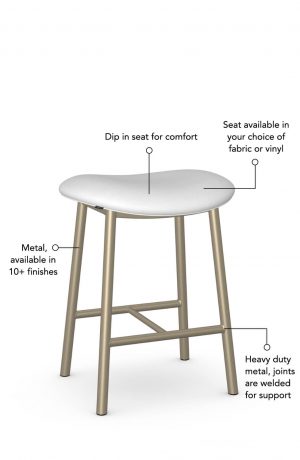 Featuring a dip in the seat for comfort, seat available in your choice of fabric or vinyl, metal comes available in 10+ finishes, heavy duty joints welded for support.