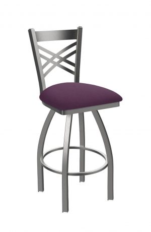 Holland's Catalina Silver Swivel Bar Stool with Purple Seat Cushion
