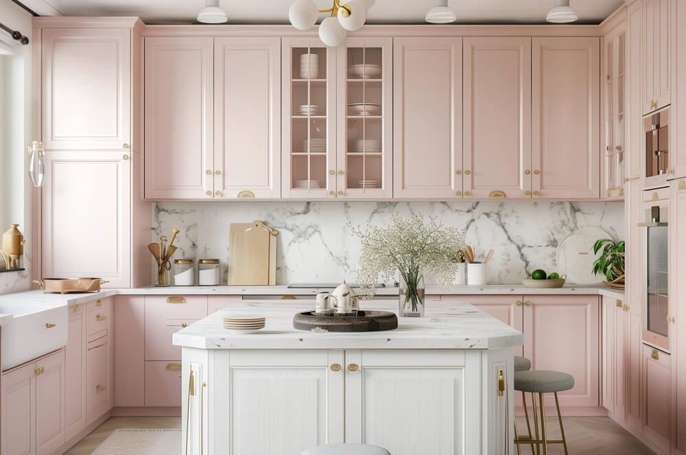Blush Pink U-Shaped Kitchen with Gold Accents