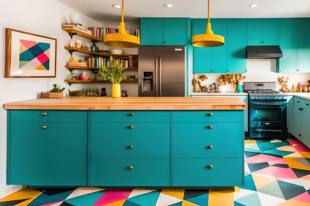 Bold color pendant lighting in maximalist kitchen
