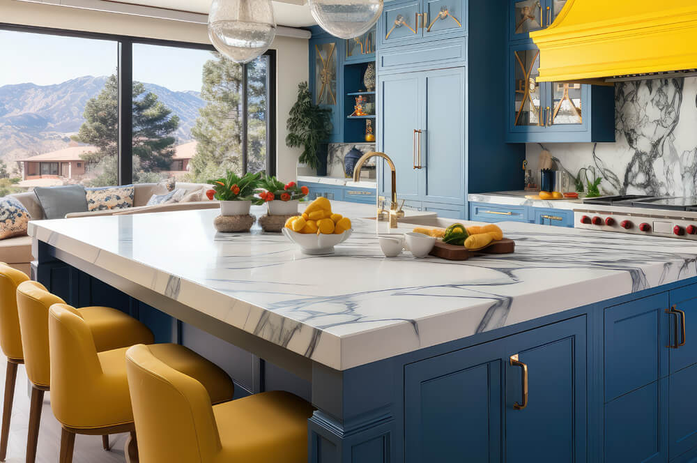 Modern yellow and blue kitchen