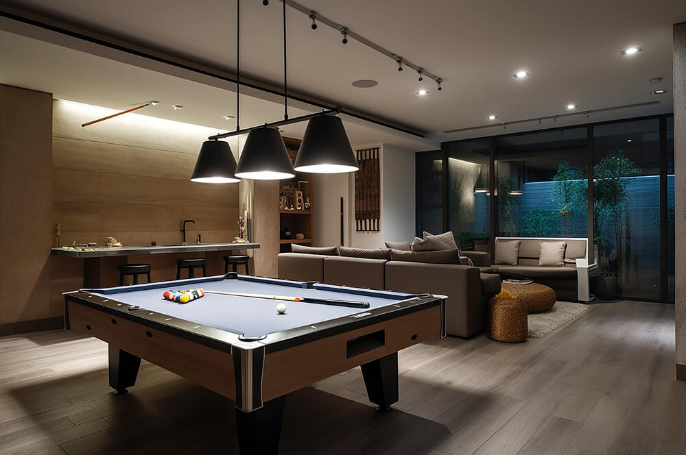Modern game room with couch