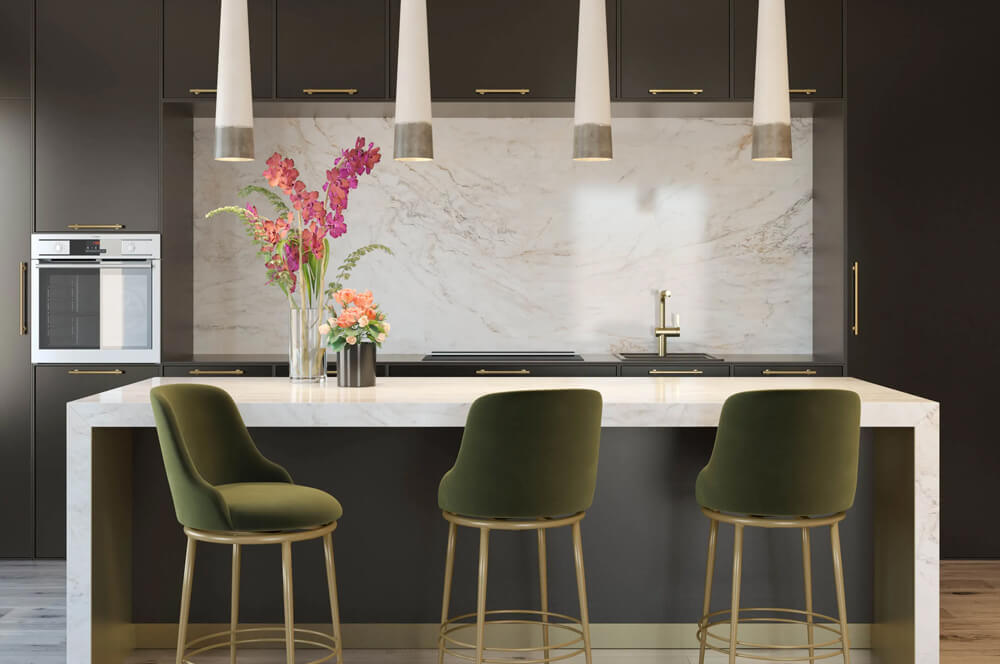 One wall galley kitchen design with Glenn bar stools