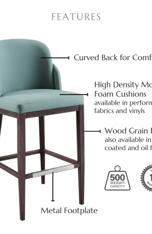 Featuring a curved back for comfort, high density molded foam cushions available in performance fabrics and vinyls, metal footplate, wood grain finish also available in powder coated and oil based finishes. This stool has a 500 lb weight capacity with a 12-year warranty.