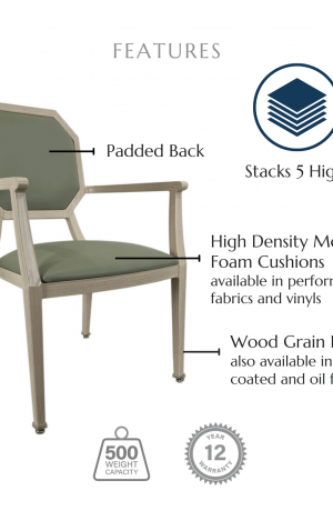 Featuring a padded back, high density molded foam cushions available in performance fabrics and vinyls, wood grain finish also available in powder coated and oil based finishes. This chair has a 500 lb weight capacity with a 12-year warranty. It's also stackable and stacks 5 chairs high, whether it's the armless version or the one with arms.