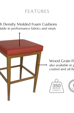 Featuring high density molded foam cushions available in performance fabrics and vinyls, wood grain finish also available in powder coated and oil based finishes. This stool has a 350 lb weight capacity with a 12-year warranty.