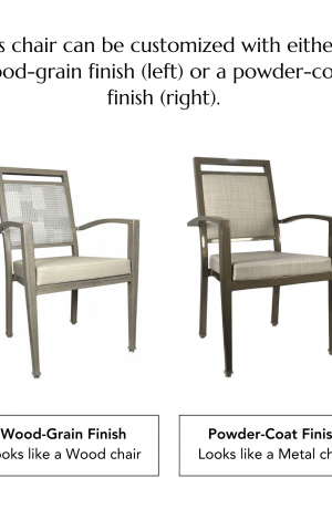 This chair can be customized with either a wood-grain finish (left) or a powder-coat finish (right).