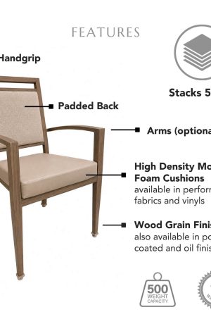 Featuring a padded back, top handgrip, high density molded foam cushions available in performance fabrics and vinyls, wood grain finish also available in powder coated and oil based finishes. This chair has a 500 lb weight capacity with a 12-year warranty. It's also stackable and stacks 5 chairs high, whether it's the armless version or the one with arms.
