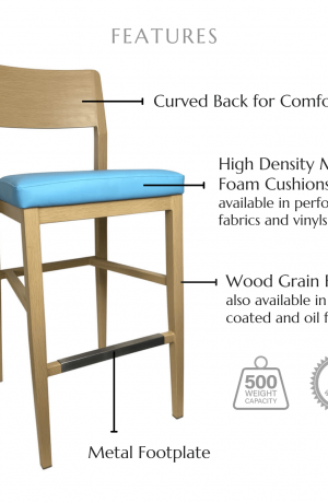 Featuring a curved back for comfort, high density molded foam cushions available in performance fabrics and vinyls, metal footplate, wood grain finish also available in powder coated and oil based finishes. This stool has a 500 lb weight capacity with a 12-year warranty.