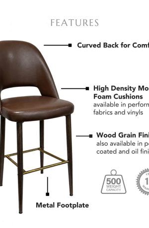 Featuring a curved back for comfort, high density molded foam cushions available in performance fabrics and vinyls, wood grain finish also available in powder coated and oil based finishes. This stool has a 500 lb weight capacity with a 12-year warranty.
