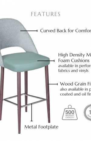 Featuring a curved back for comfort, high density molded foam cushions available in performance fabrics and vinyls, wood grain finish also available in powder coated and oil based finishes. This stool has a 500 lb weight capacity with a 12-year warranty.