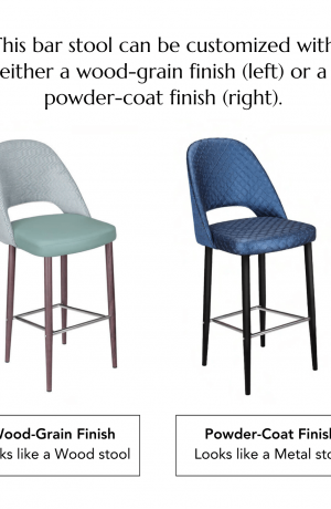This bar stool can be customized with either a wood-grain finish (left) or a powder-coat finish (right).