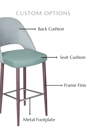Customize this stool by selecting your back cushion, seat cushion, frame finish, and metal footplate finish.