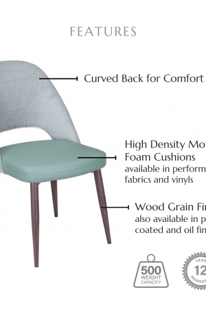 Featuring a curved back for comfort, high density molded foam cushions available in performance fabrics and vinyls, wood grain finish also available in powder coated and oil based finishes. This chair has a 500 lb weight capacity with a 12-year warranty.