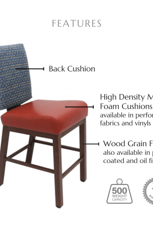 Featuring a back cushion, high density molded foam cushions available in performance fabrics and vinyls, wood grain finish also available in powder coated and oil based finishes. This stool has a 500 lb weight capacity with a 12-year warranty.