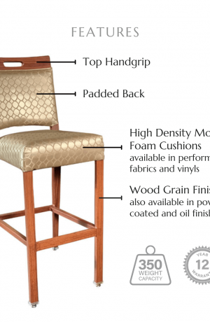 Featuring a top handgrip, back cushion, high density molded foam cushions available in performance fabrics and vinyls, metal footplate, wood grain finish also available in powder coated and oil based finishes. This stool has a 350 lb weight capacity with a 12-year warranty.
