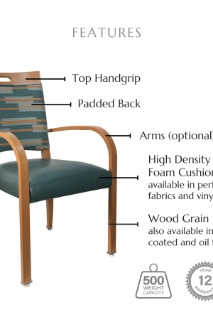 Featuring a top handgrip, padded back, optional arms, high density molded foam cushions available in performance fabrics and vinyls, wood grain finish also available in powder coated and oil based finishes. This chair has a 500 lb weight capacity with a 12-year warranty.