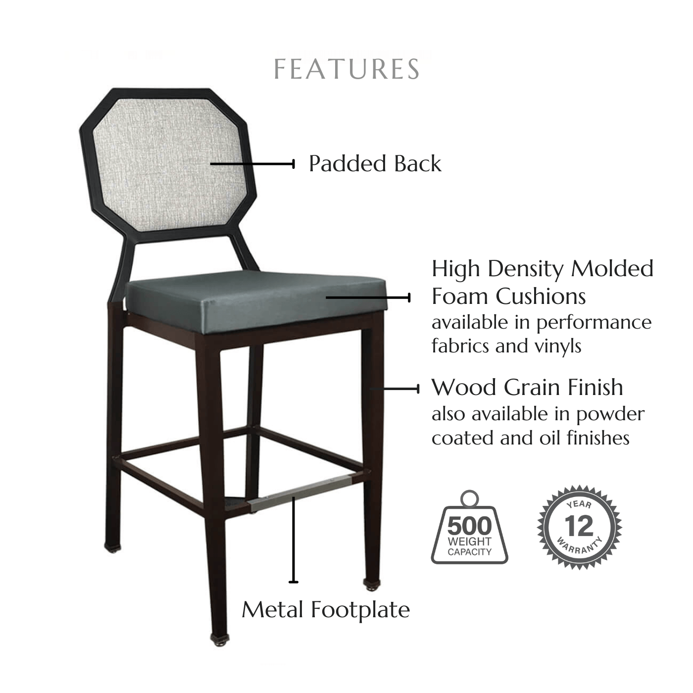 Featuring a padded back, high density molded foam cushions available in performance fabrics and vinyls, metal footplate, wood grain finish also available in powder coated and oil based finishes. This stool has a 500 lb weight capacity with a 12-year warranty.