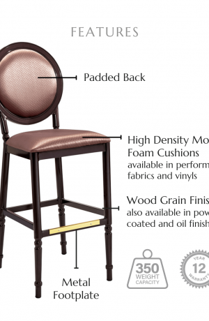 Featuring a back cushion, high density molded foam cushions available in performance fabrics and vinyls, metal footplate, wood grain finish also available in powder coated and oil based finishes. This stool has a 350 lb weight capacity with a 12-year warranty.