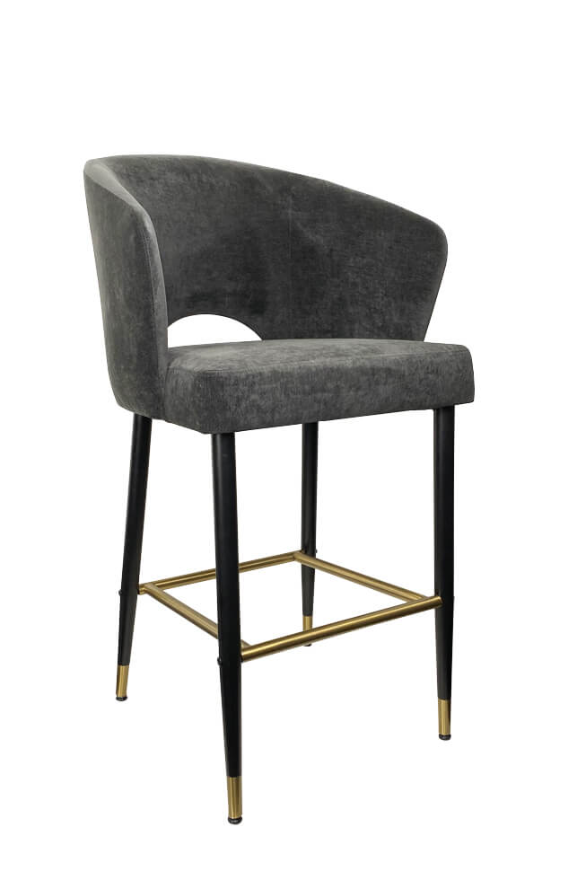 IH Seating Skyler Modern Matte Black Bar Stool with Gray Fabric and Gold Legs