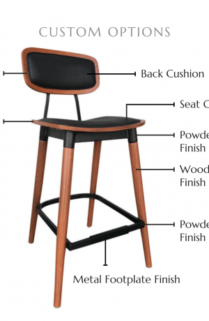Customize this stool by selecting your back cushion, seat cushion, wood-grain frame finish, powder coat finish, and metal footplate finish.